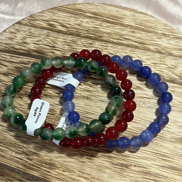 3pc Crystal Beads Bracelet - Red & Midnight Blue Chalcedony & Green Flower Agate - Picture 3 of 6